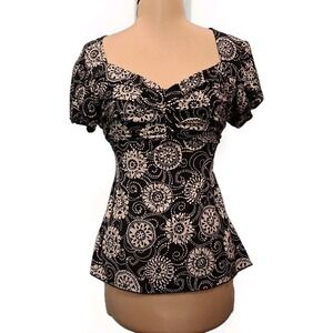 J.T.B. Y2K Tie Back Short Puff Sleeve Black White Sweetheart Neck Babydoll Top M